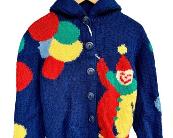 1950s Handmade Knit-O-Graf #870 Vintage Clowns Hooded Cardigan Sweater | Navy Blue | S (5/6)