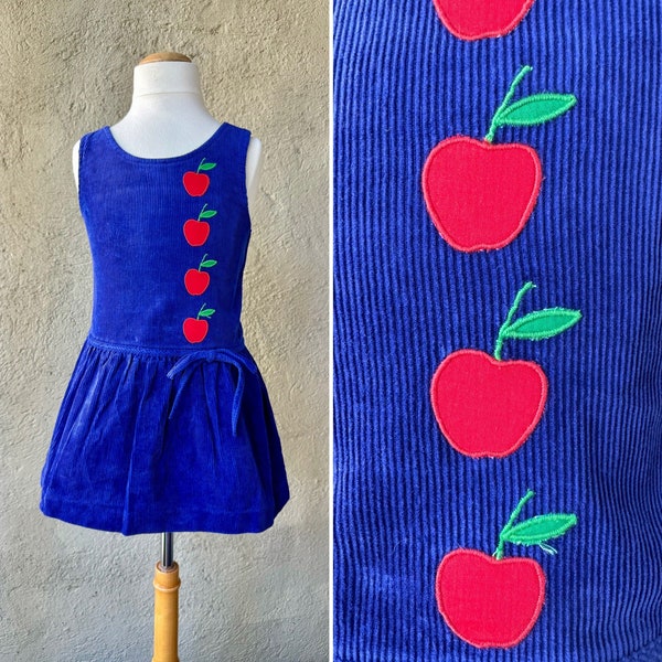 1990s Winnie The Pooh Vintage Blue Corduroy Sleeveless Jumper Dress with Apples | Back-to-School | 5