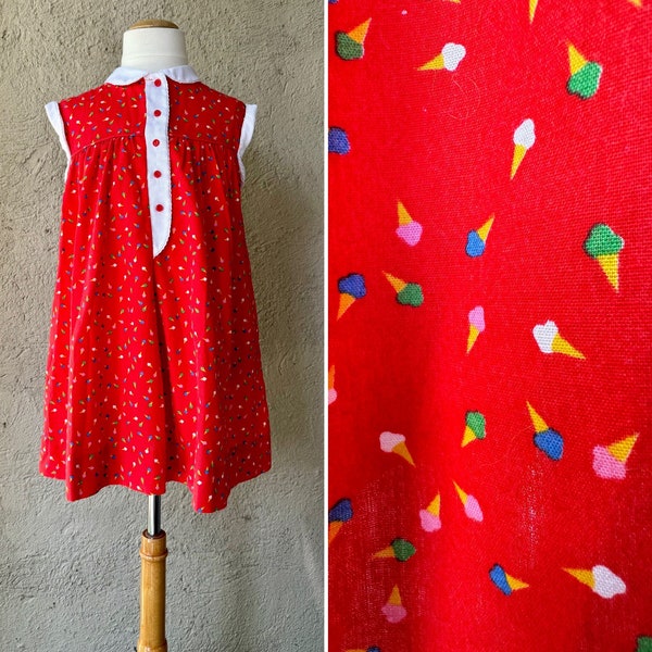 1960s Cinderella Brand Red Sleeveless Ice Cream Cone Print Dress | Union Made in the USA | Girls 6