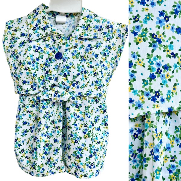 Vintage Blue / Green Floral Two-Piece Cropped Tie-Front Top & Shorts Set | Made in USA | Girls 4T