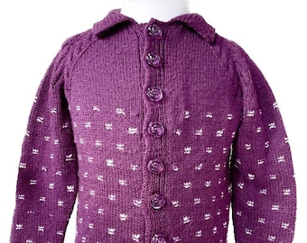 Purple Hand-Knit Cardigan Sweater with Purple Rose Shaped Plastic Buttons