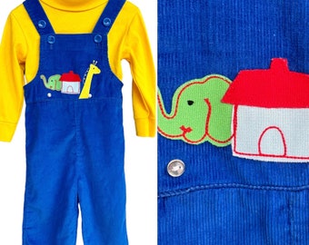 1970s Two-Piece Matching Set | Blue Corduroy Overalls & Yellow Turtleneck | Noah's Ark Elephant and Giraffe | Made in the USA | 2T