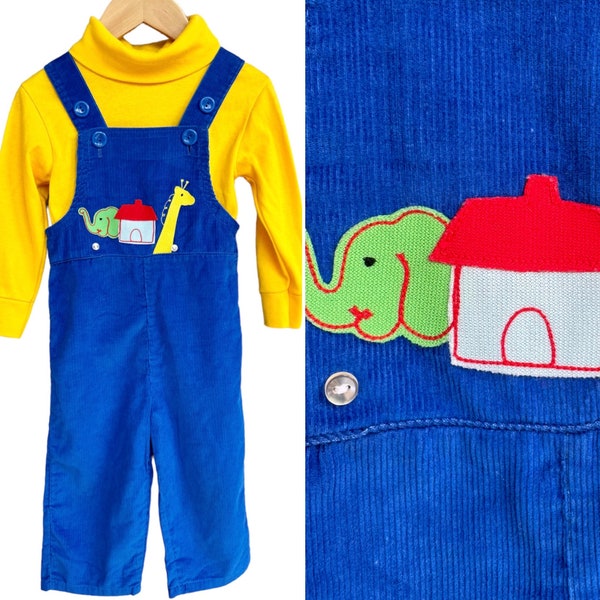 1970s Two-Piece Matching Set | Blue Corduroy Overalls & Yellow Turtleneck | Noah's Ark Elephant and Giraffe | Made in the USA | 2T
