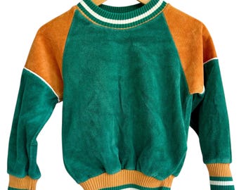 Vintage 80s BabyGro Velour Sweatshirt | Green and Orange Colorblock Toddler Pullover