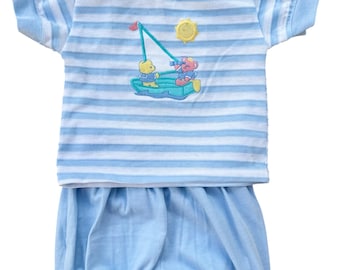 Vintage Health-tex Baby Boy 2-Piece Set | Sailboat Bear Stripe Tee & Blue Shorts | Size 24M | Made in USA