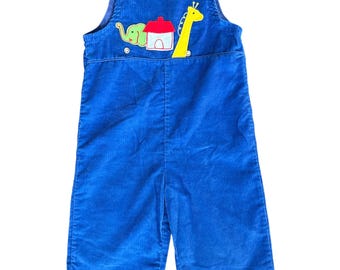 Vintage 70er Jahre Sears Baby Overall 2T Blau Cord Applikation Giraffe Kleinkind Made USA