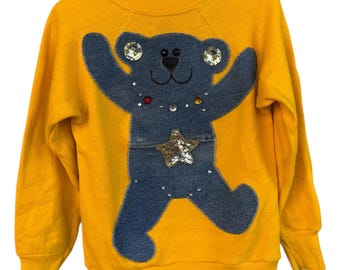 Vintage Teddybär Kinder Sweatshirt: Strass Denim Applikation, 80er/90er Jahre Grösse S
