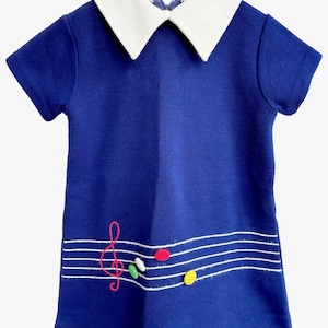 1960s &quot;Little World&quot; Vintage Girls Acrylic Dress | Music Lover | Staff & Treble Clef | Navy Blue Mod Style with Collar