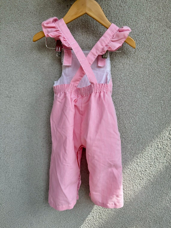 Vintage Girls Pink & White Striped Overalls with … - image 6