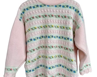 Vintage Polar Brand Acrylic Knit Pink Floral Sweater | Made in Israel | Kids XS (4/5)