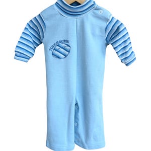 Vintage 70s Baby Romper | Health-tex Blue Football Touchdown One Piece | 6-9 Months | Striped Sleeves Made in USA
