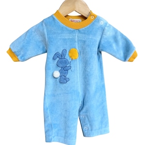 Vintage 70s Baby Romper | Health-tex Blue Bunny Balloon One Piece | 3 Months | Retro Infant Clothes Made in USA