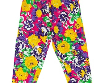 Vintage 90er Jahre Kinder Leggings, PDQ Made in USA, Pink Neon Rosen, Gr. 44