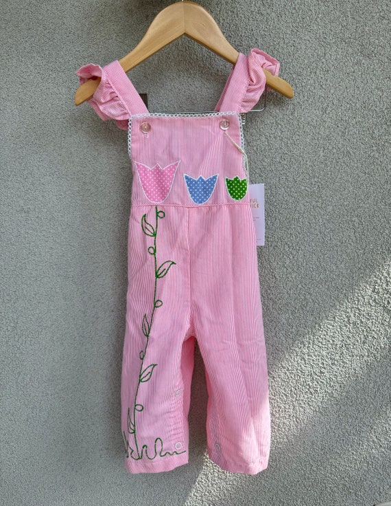 Vintage Girls Pink & White Striped Overalls with … - image 2