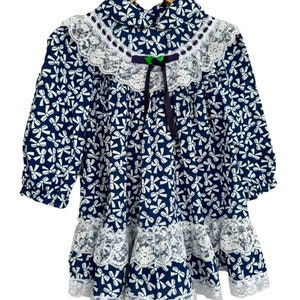 1980s Girls Navy Blue and White Lace Dress | Allover Bow Print | 2T