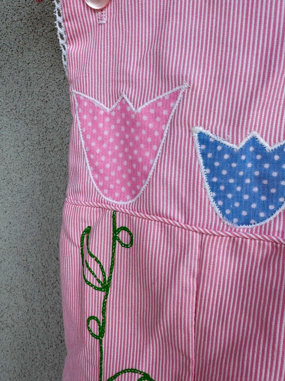 Vintage Girls Pink & White Striped Overalls with … - image 3