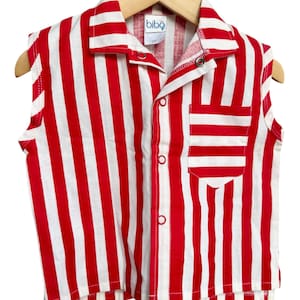 Vintage 80s Red and White Striped Sleeveless Shirt – USA Made, Toddler 2T, Bibo Snap Front Top, Circus Carnival Style