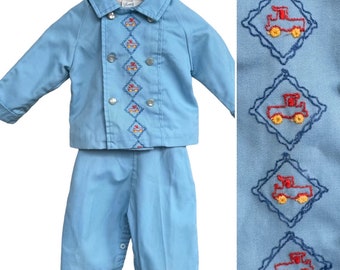 Vintage Two-Piece Blue Outfit by Thomas | Overalls and Embroidered Train Jacket | 3-6M Baby