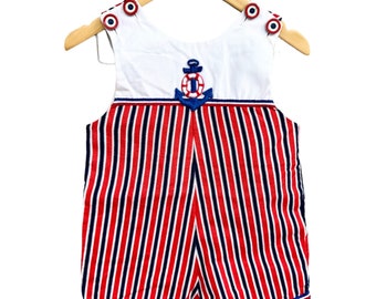 1970s Red White & Blue Nautical Striped Onesie Romper with Anchor | Made in the USA by Cutler | 3T