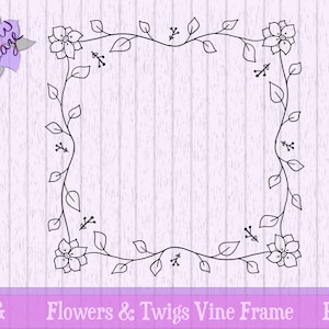 Flowers and Twigs Vine Doodle Frame | SVG PNG | Printable Clip Art | Hand-Drawn Square Border
