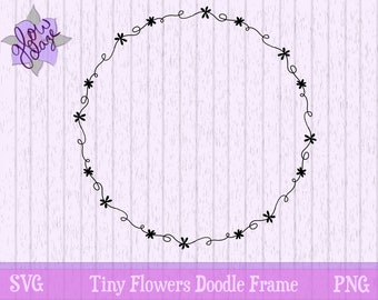 May include: A black and white doodle frame with tiny flowers. The frame is circular and has a simple, whimsical design.