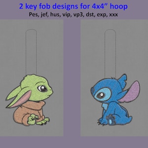 Può includere: Due disegni da ricamo per un telaio da ricamo di 10x10 cm. I disegni sono di un Baby Yoda verde e marrone e di un Stitch blu di Lilo e Stitch.