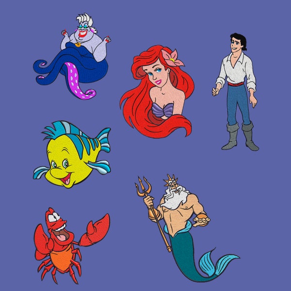 Embroidery design 6 SET Ariel mermaid 5x5 erik seb flounder fish