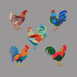 Embroidery design 5 set roosters chick cockerel bird pes hus 2 sizes  jef 4x4"