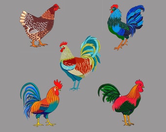 Embroidery design 5 set roosters chick cockerel bird pes hus 2 sizes  jef 4x4"