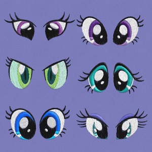 May include: Set of nine cartoon eyes with different colored irises and eyelashes. The eyes are white with black pupils and are surrounded by a black outline. The irises are purple, green, blue, and teal.
