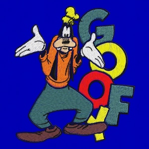 May include: Goofy, a cartoon dog, is wearing a yellow hat and a red, orange, and blue outfit. He is standing with his arms outstretched, as if he is saying "What?" The word "GOOFY" is written in colorful letters behind him.