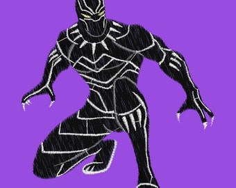 May include: Black Panther in a crouching pose, rendered in a black and white embroidered style against a purple background.