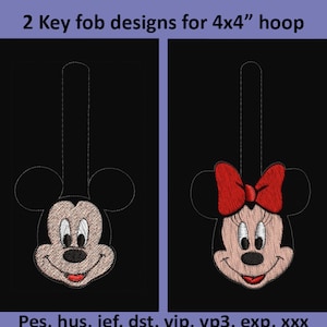 Embroidery 2 key fob designs Mickey Minnie Mouse pes hus  jef 4x4&quot;