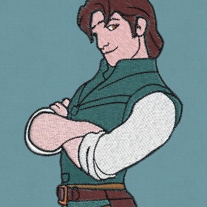 Op de afbeelding: Geborduurde illustratie van een cartoonman met bruin haar, die een groen shirt, witte mouwen en een bruine riem draagt. Hij staat met zijn armen gekruist.