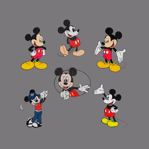 Könnte beinhalten: Sechs verschiedene gestickte Bilder von Mickey Mouse in verschiedenen Posen. Mickey Mouse trägt seine charakteristischen roten Shorts und gelben Schuhe. Ein Bild zeigt Mickey Mouse beim Golfspielen.