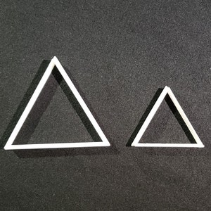 May include: Two white triangle-shaped cookie cutters on a black background. The larger cutter is about twice the size of the smaller cutter.