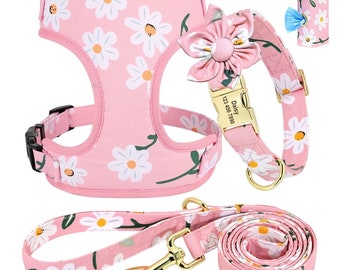 Floral rosa Daisy Hundegeschirr, Halsband und Leine personalisiertes Set