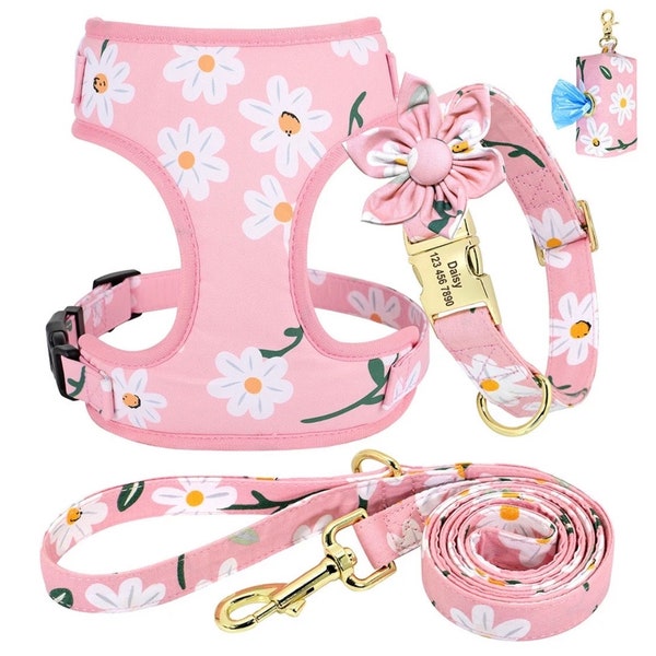 Floral pink daisy dog harness, collar and lead personalised set