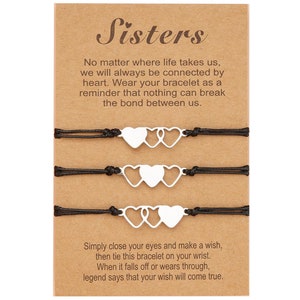 3Pcs/Card New Sisters Card Bracelet ,Stainless Steel Heart-shaped Wax Thread Weave Bracelet, Friendship Family Wish Bracelet Gift Present