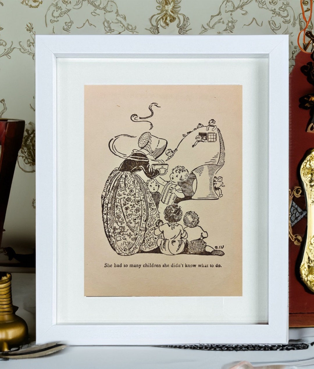 Vintage Wall Art, Nursery Rhyme, Wall Decor, 1930's, Line Art Drawing