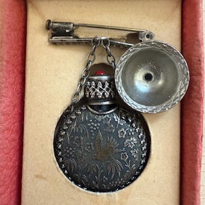 Rare Antique French Perfume Bottle Brooch | Etched Floral and Bird Design | Original Box and Accessories | Parisian Collectible