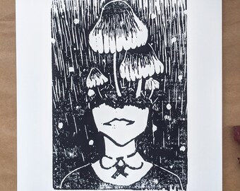 Spore | 8.5 x 11 matte art print | wood cut print | mushroom girl