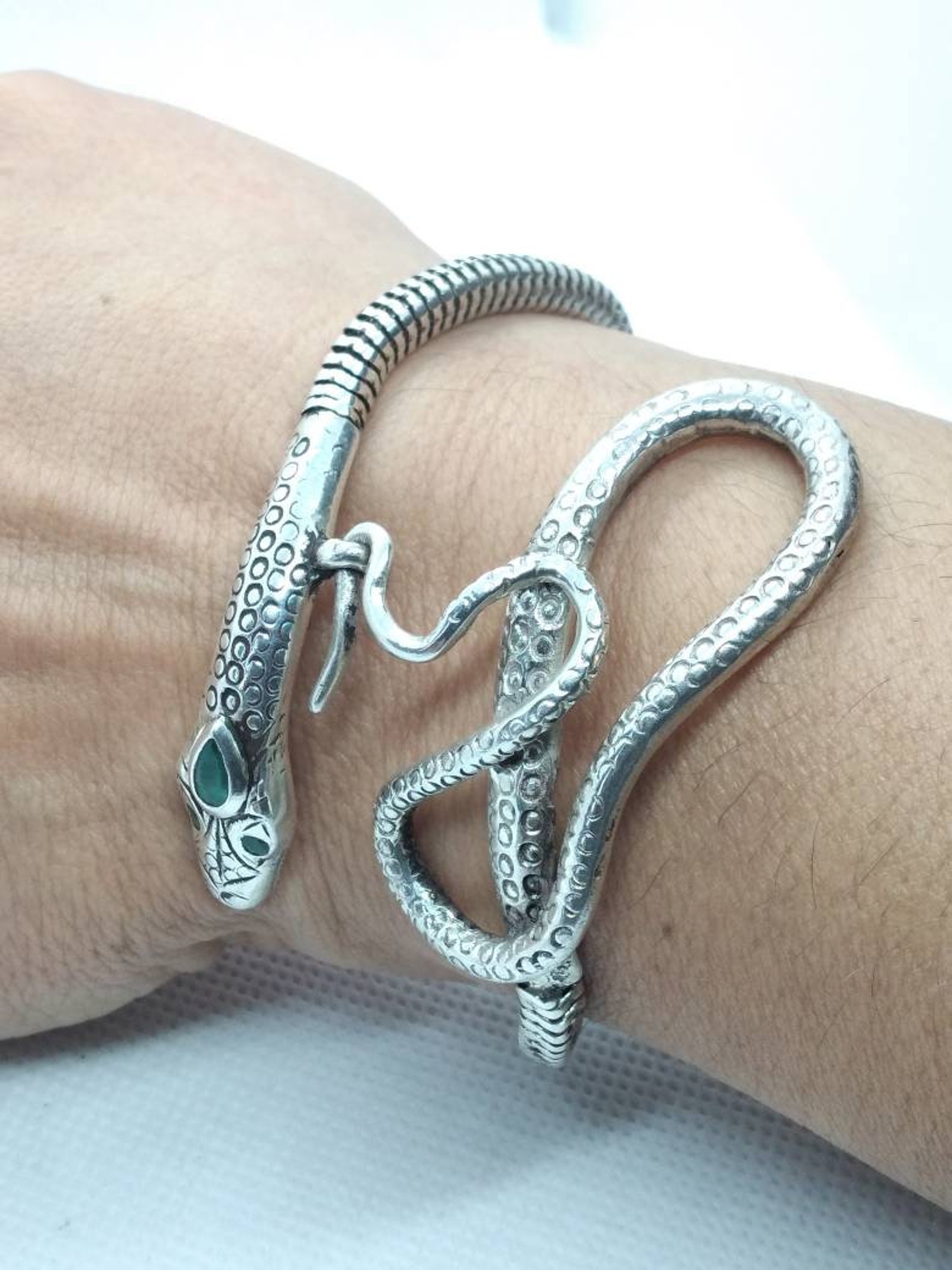 Silver snake bracelet with emerald eyes and drop handmade Etsy