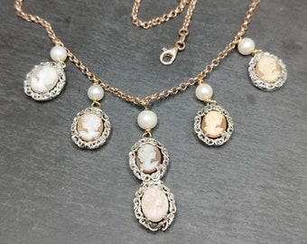 Camei ketting zilveren parels vintage Italiaanse kunst gravure Camei sardonische schelp romantische Victoriaanse sieraden handgemaakte unieke stukken