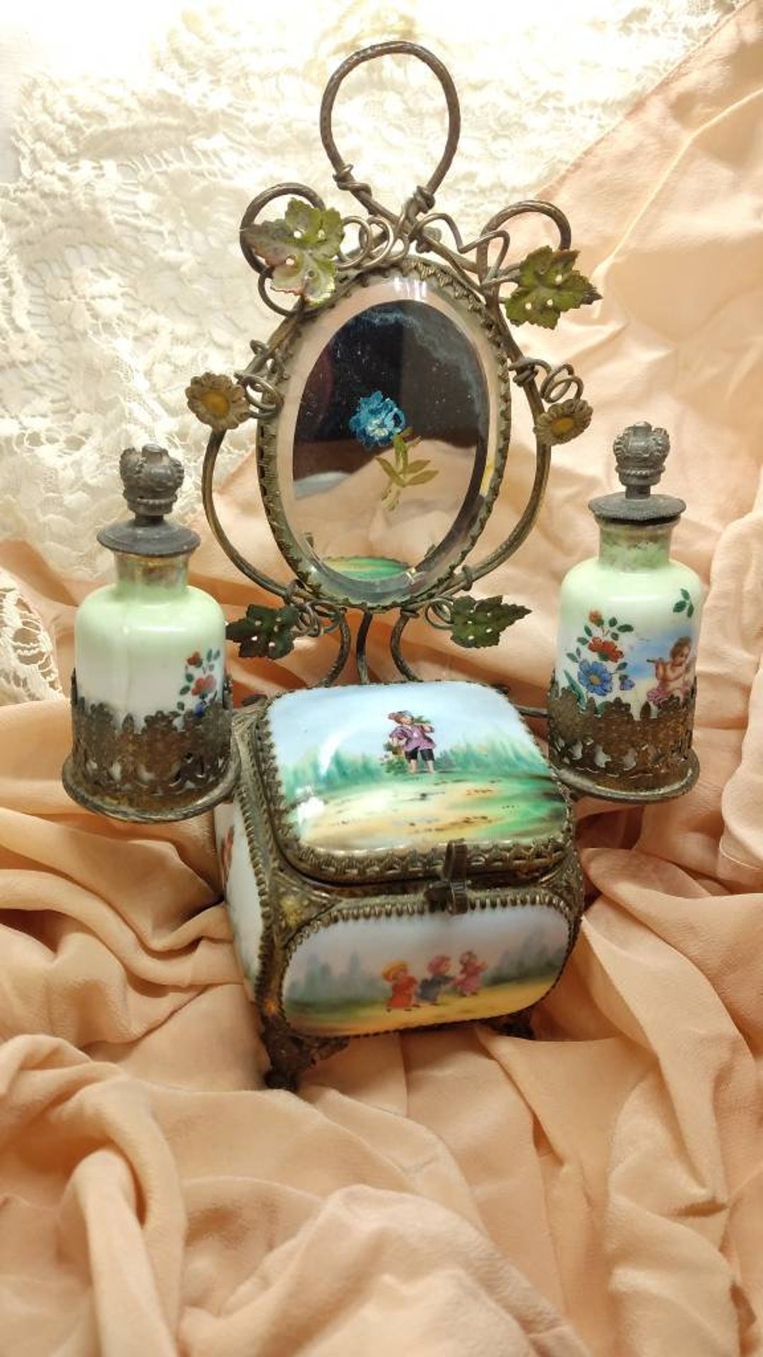 Antique Porcelain Jewelry Box and Bevelled Mirror Enamels From Etsy