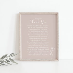 Teacher Thank You Gift, A Parents Thank You Poem Printable, Nursery Teacher Appreciation End of Year Gift, Instant Digital Download