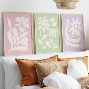 Pastel Pink Green Purple Flower Prints, Printable Set of 3 Flower Wall Art, Danish Pastel Decor, Pastelcore Poster, Instant Digital Download