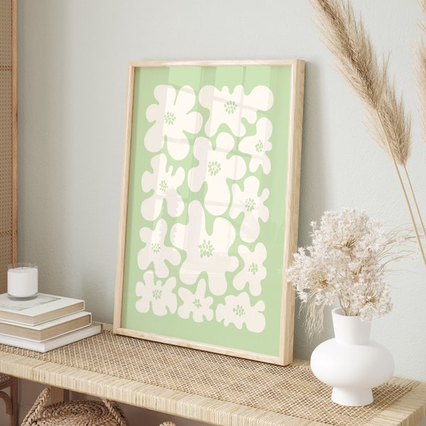 Daisy Wall Art, Pastel Abstract Floral Print, Green Boho Art Print, Danish Pastel Room Decor, Daisies Flower Art, Printable Digital Download