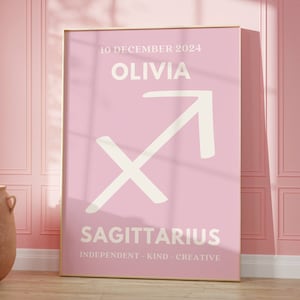 Impresión personalizada de Sagitario, póster con el nombre y la fecha de nacimiento del signo zodiacal, regalo de cumpleaños personalizado, decoración de dormitorio, arte de pared con el signo del zodíaco