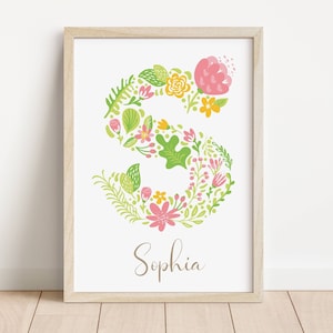 Impresión floral personalizada del nombre inicial, impresión personalizada para las niñas, nuevo regalo del bebé, arte de la pared de la carta del vivero de flores brillantes, arte de la pared de la habitación de las niñas